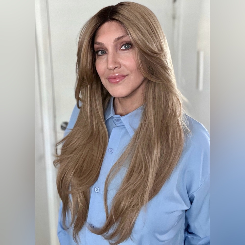 Long Dark Blonde Lace Front T-Part Wig with Curtain Bangs Layered Straight (27)